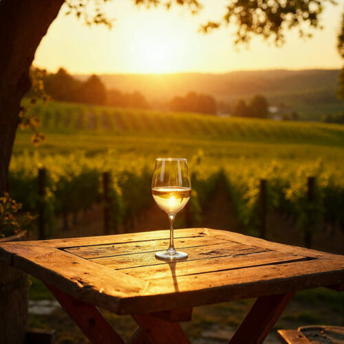 Copa de vino blanco de Bodega Amadís de Gaula al atardecer, viñedo y frescura en vinos de autor