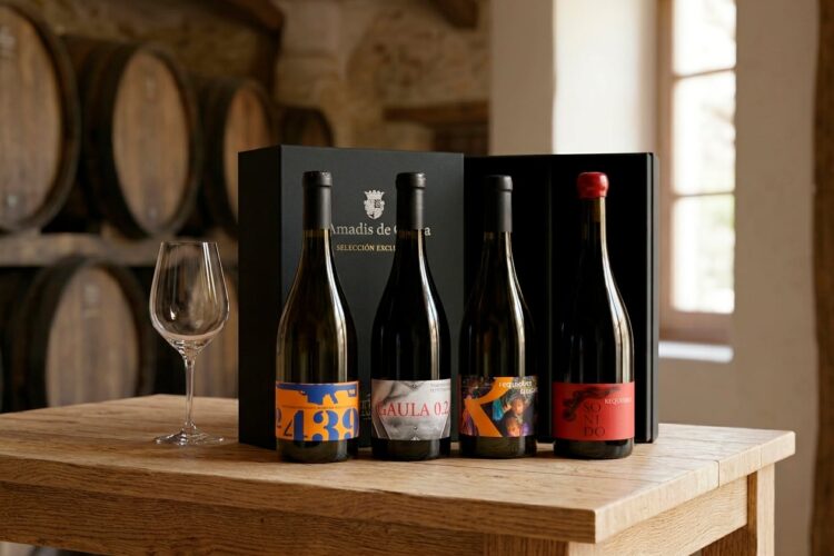 Selección de vinos de autor de Bodega Amadís de Gaula en entorno de bodega